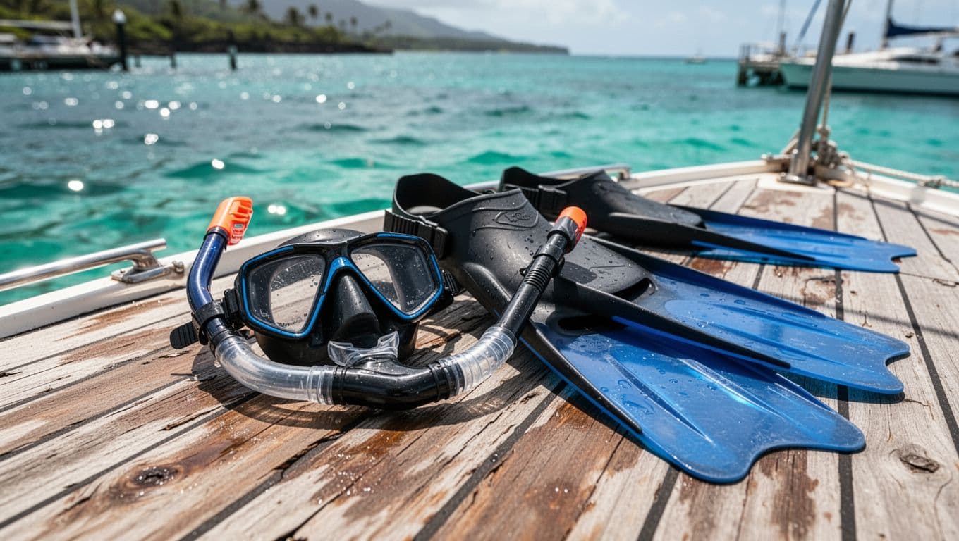 A silicone mask, snorkel, and set of fins rest on a weathered wooden boat deck. The background shows vibrant, translucent turquoise water sparkling under the intense tropical Hawaiian midday sun.