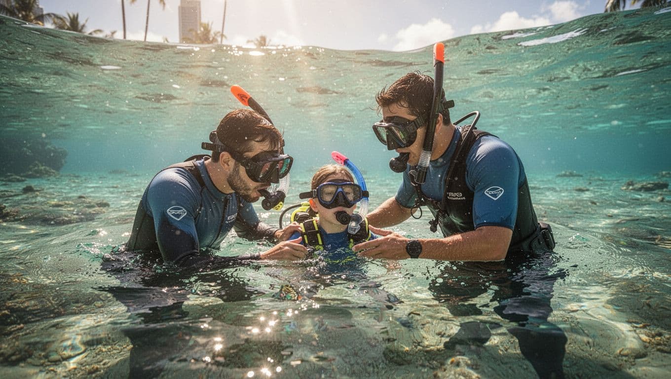 A professional snorkel guide wearing a vibrant swimsuit provides calm instruction to a novice swimmer in clear Hawaiian water. Sunlight illuminates the turquoise reef as the guide offers steady support.