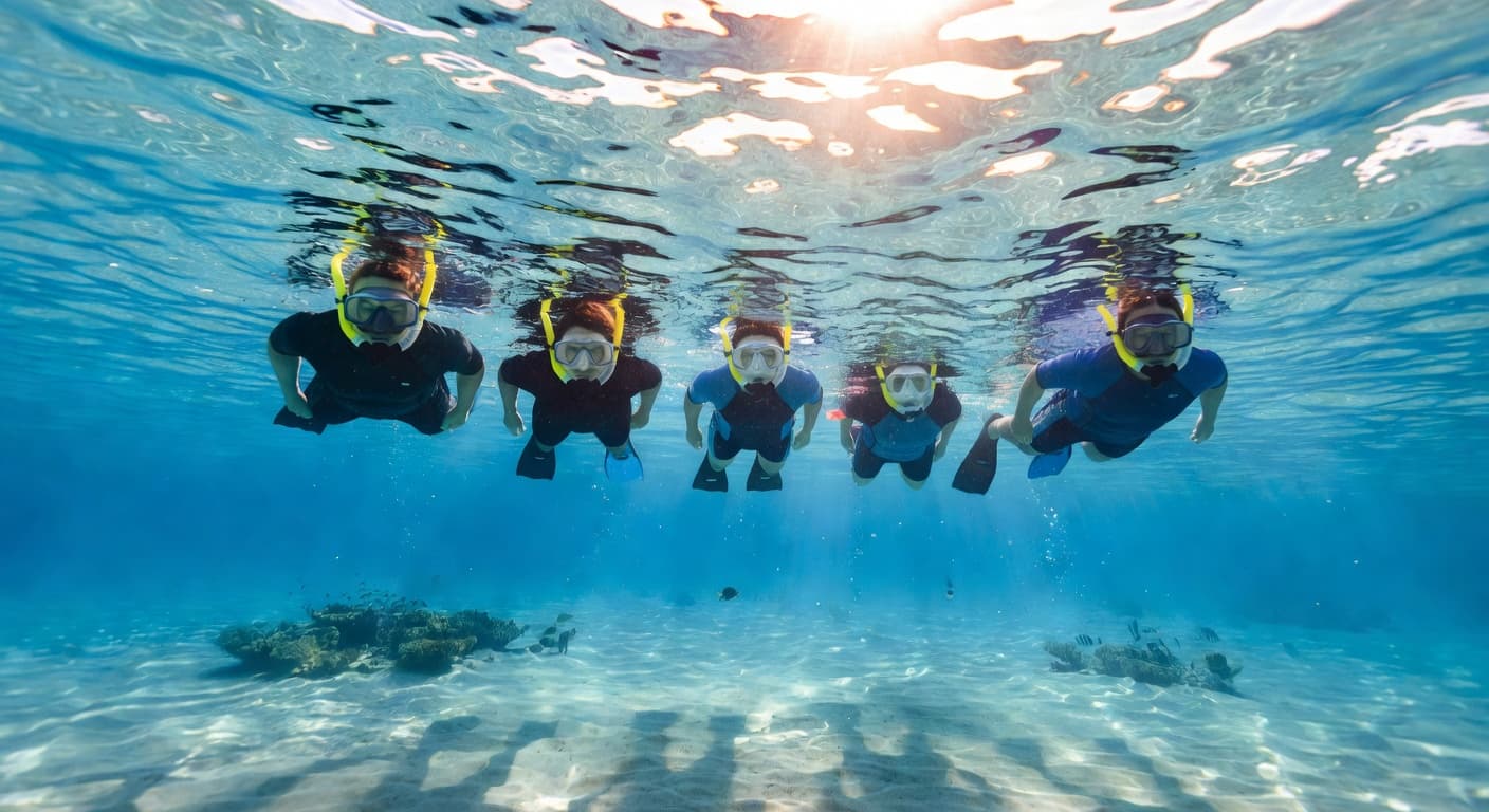 A group of snorkelers drifts atop the vibrant, crystal-clear blue ocean waters. They wear masks and fins, peering downward into the sea to observe the hidden marine life swimming below them.