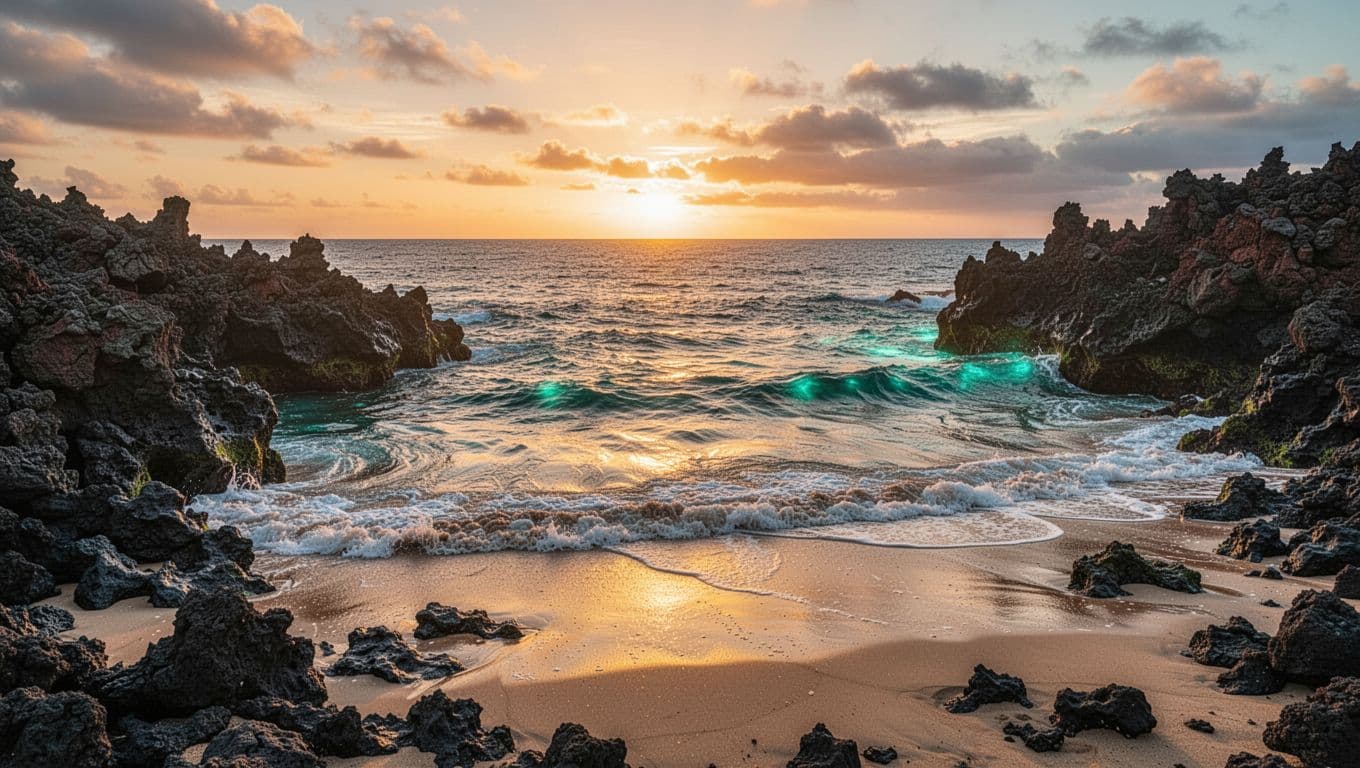 Dark volcanic rocks along a Hawaiian shore as gentle waves roll in beneath a sunset sky.