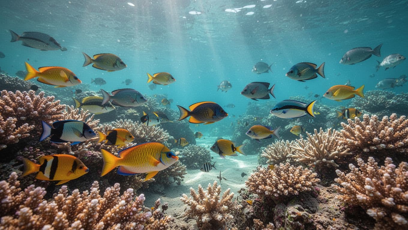 Colorful reef fish swim above coral in clear Hawaiian water.