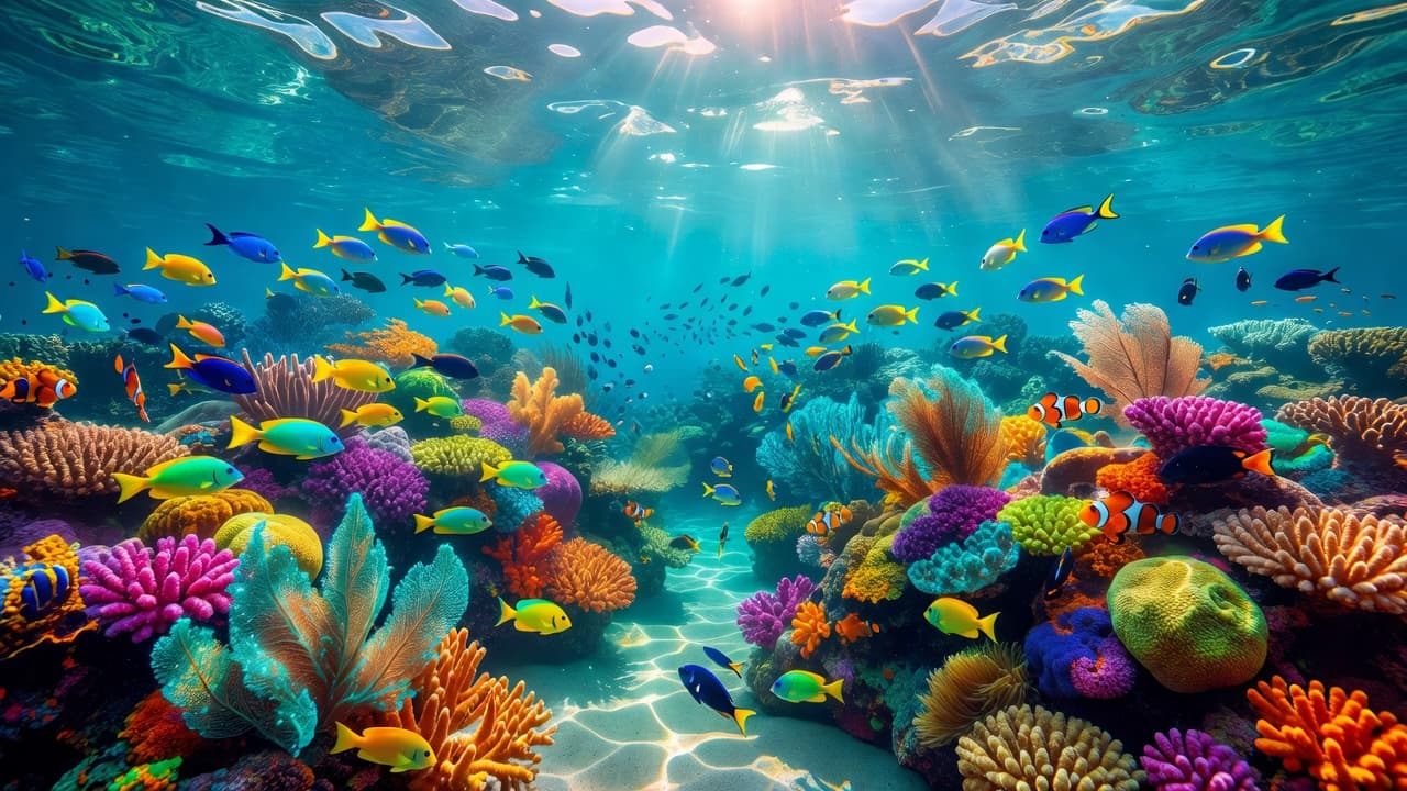 Sunlight streams through clear ocean water onto a vibrant coral reef filled with schools of tiny fish. The scene captures a peaceful underwater habitat teeming with colorful marine life in Hawaii.
