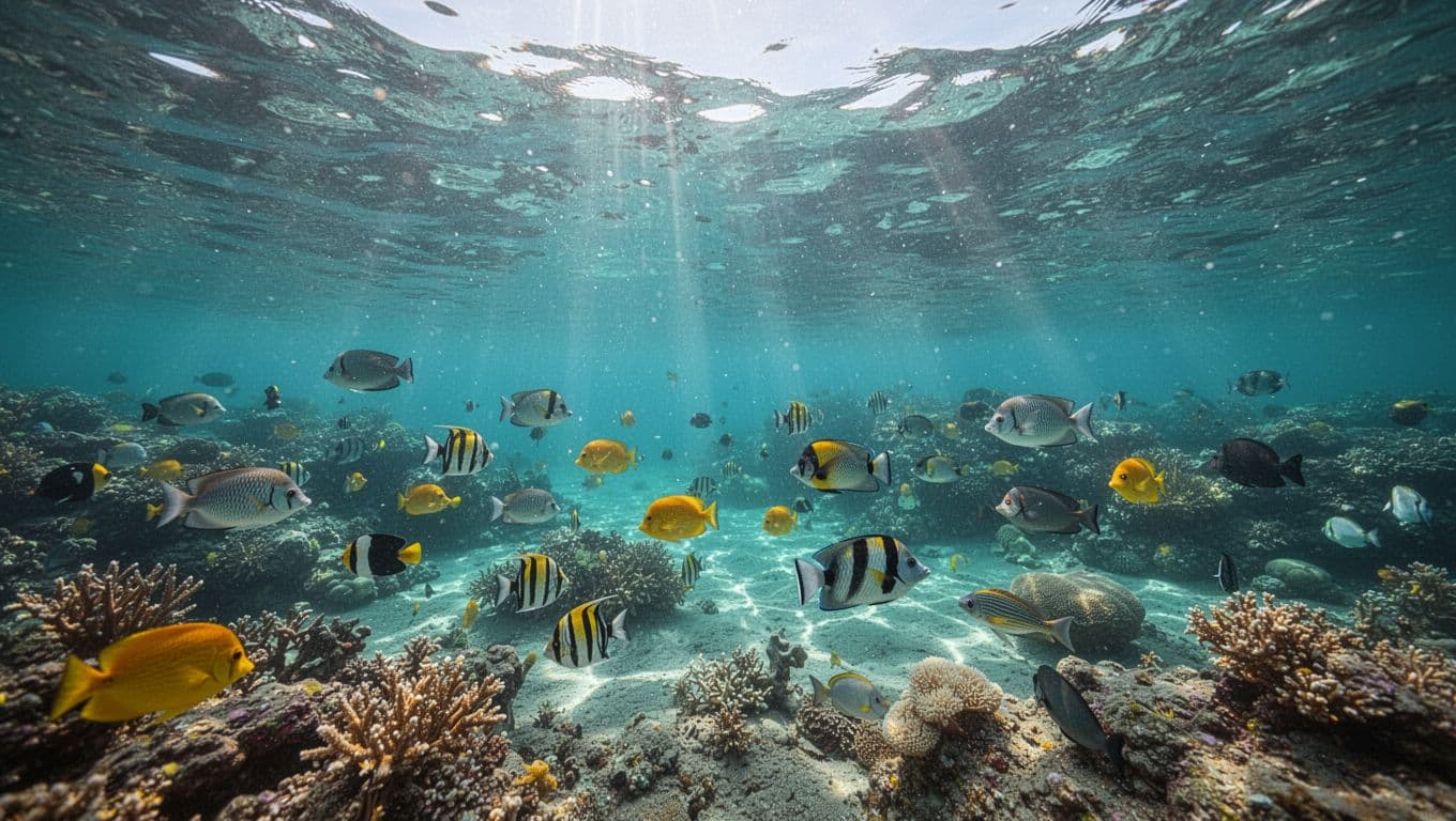 Clear turquoise Hawaiian water with sunlight shimmering over a vibrant underwater scene.