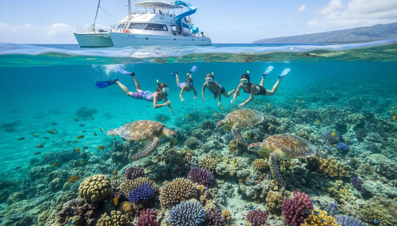 A family of four snorkelers in clear Hawaiian waters at Turtle Canyon observes green sea turtles above a vibrant coral reef, with an anchored boat featuring a water slide nearby. Sunny underwater scene captures a safe marine life encounter on a Kewalo Basin boat tour.