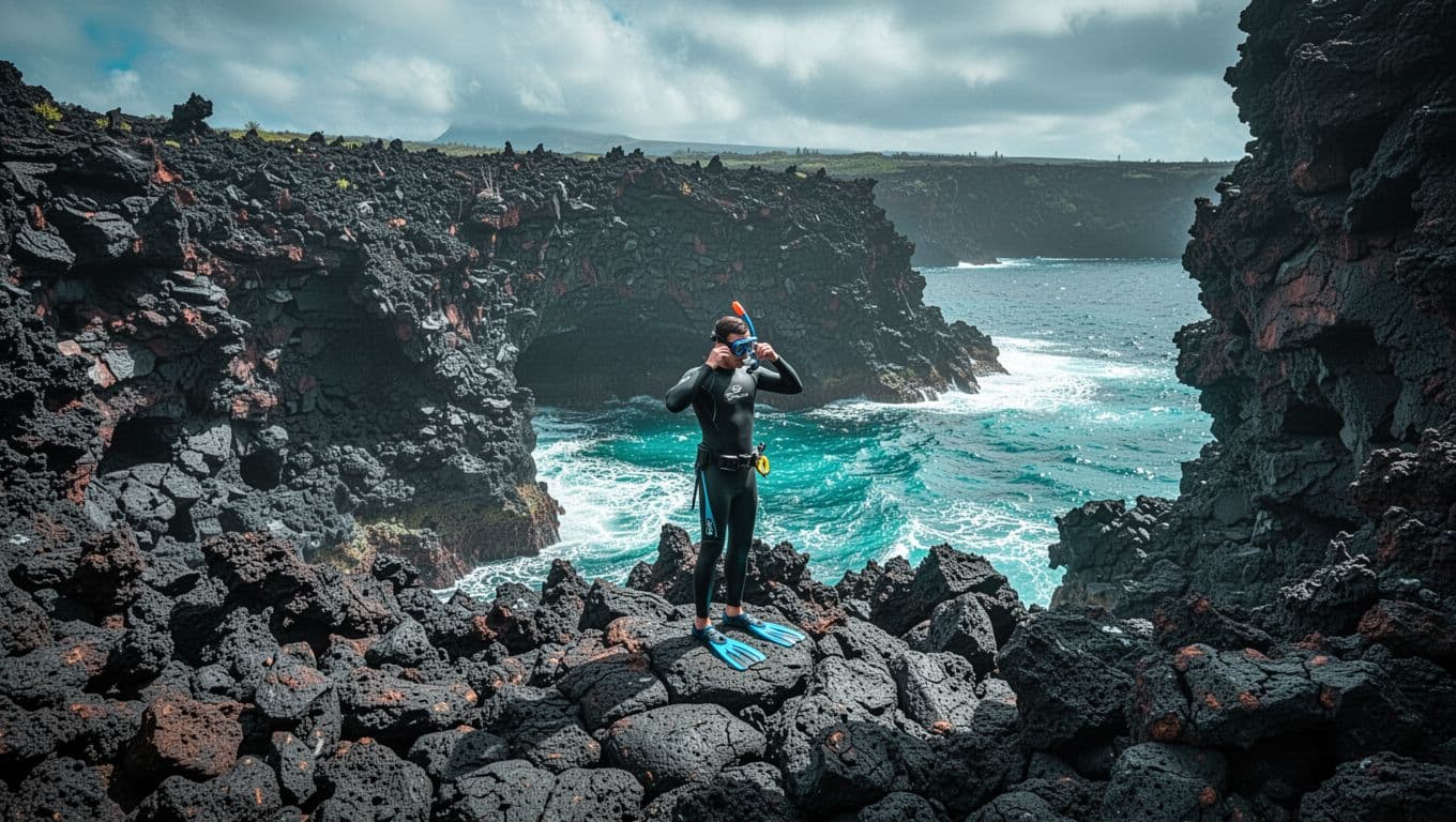 A person holds snorkel gear on a rocky Hawaiian coastline.