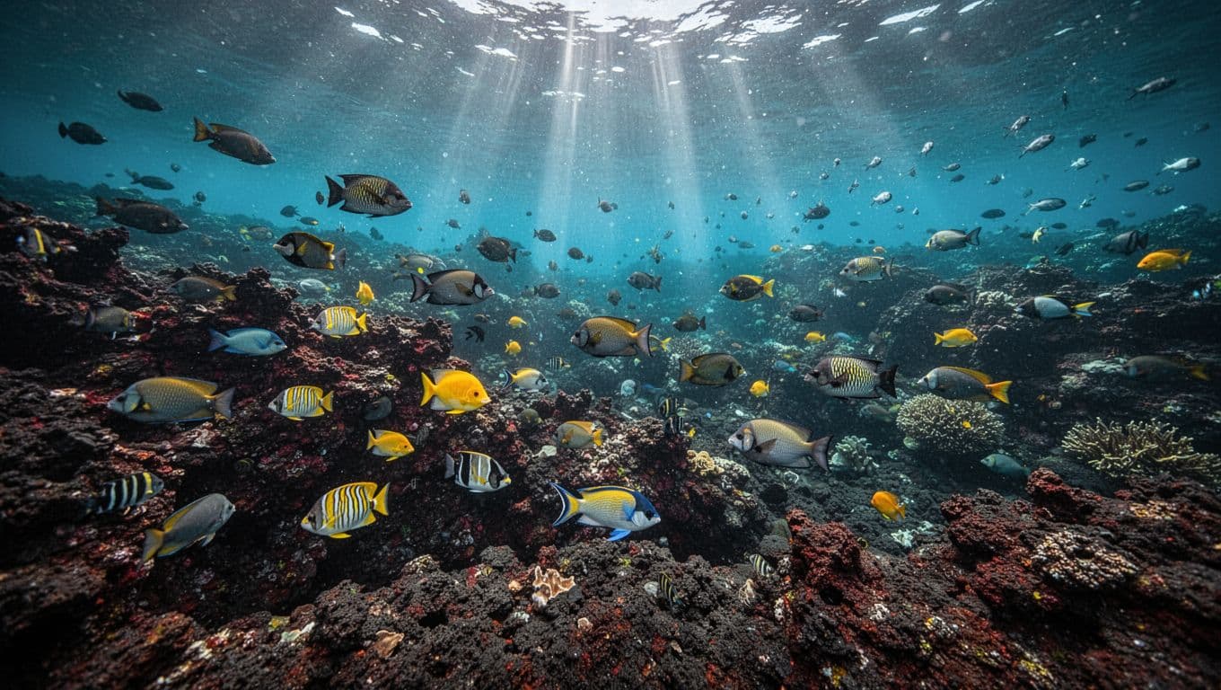 Tropical fish swim around coral and dark volcanic rock in bright cyan water.