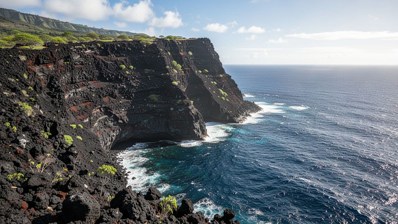A black volcanic cliff plunges into deep blue ocean water under bright Hawaiian sunlight.