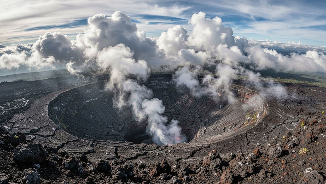 A panoramic vista reveals a vast, dark rocky crater floor emitting plumes of white steam into the air. Dramatic gray clouds hang heavily over the rugged landscape under moody natural lighting.