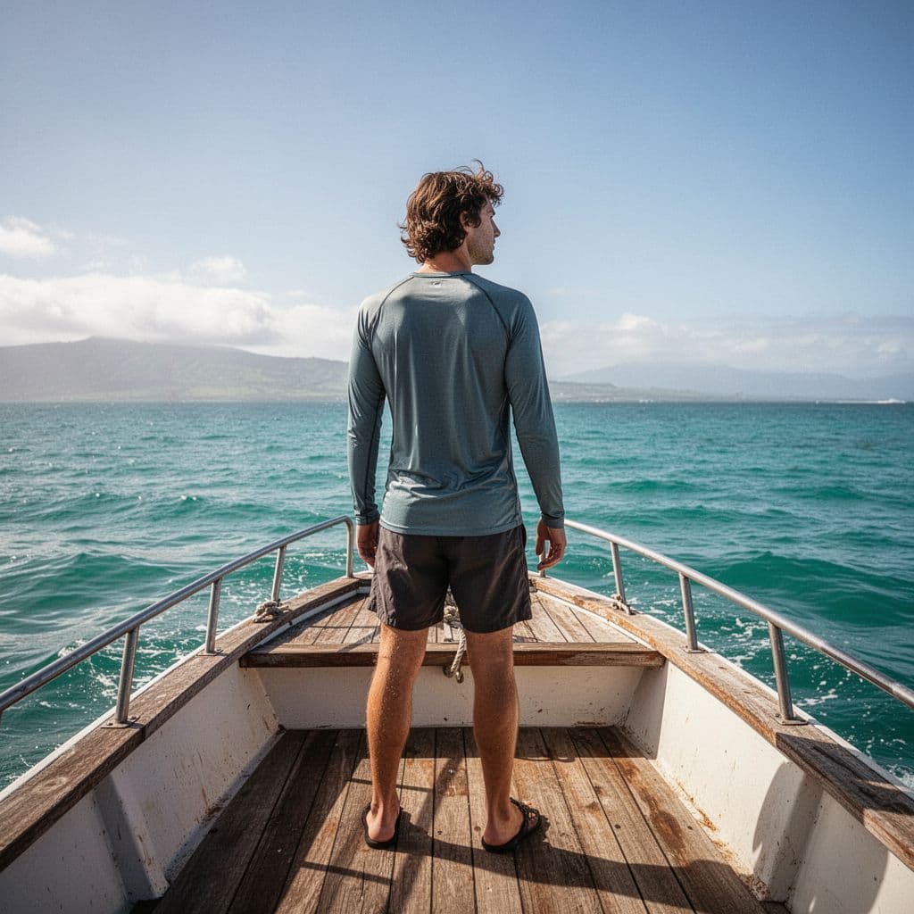 A person wearing a light sun shirt and shorts stands on a boat deck overlooking the Hawaiian ocean.