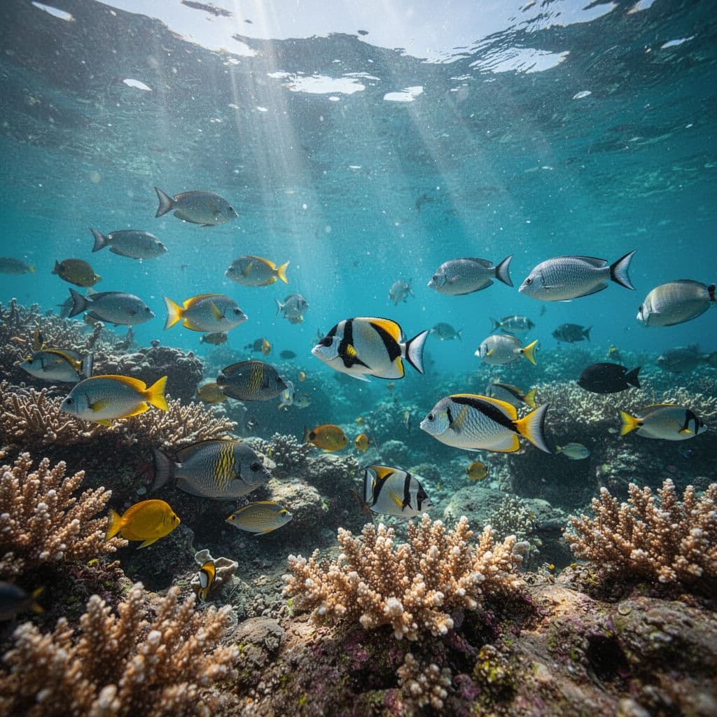 Sunlight filters through turquoise water over colorful coral reefs and tropical fish in a Hawaiian bay.