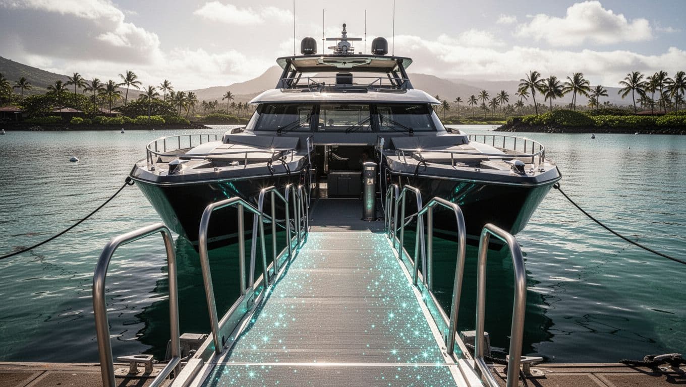A tour boat with an accessible ramp is docked in a calm Hawaiian harbor.