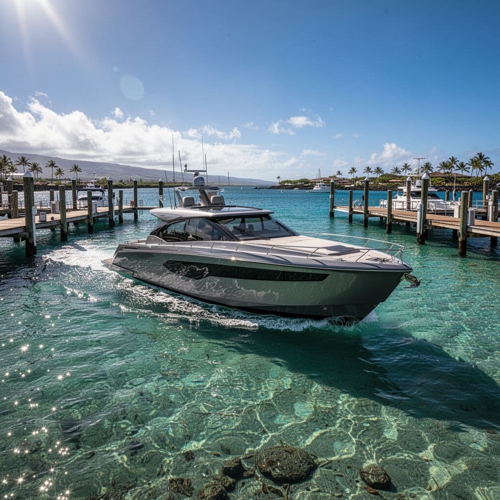 A sleek white vessel floats peacefully on crystal clear turquoise harbor water during a sunny day. Jagged volcanic cliffs and lush tropical greenery frame the distant background under a bright sky.