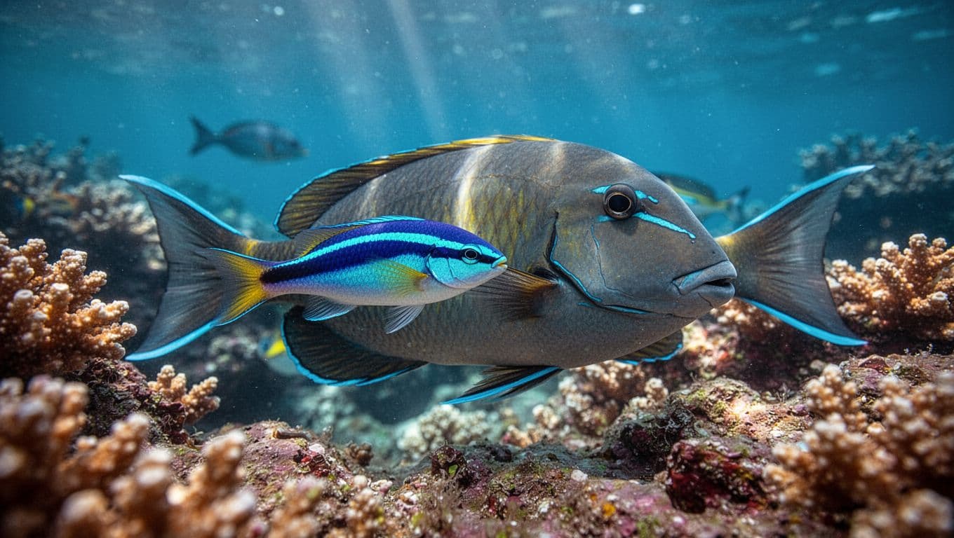 A vibrant cleaner wrasse swims near the scales of a large tropical fish within a vivid coral reef. The scene features deep blue water and brilliant, natural underwater lighting conditions.