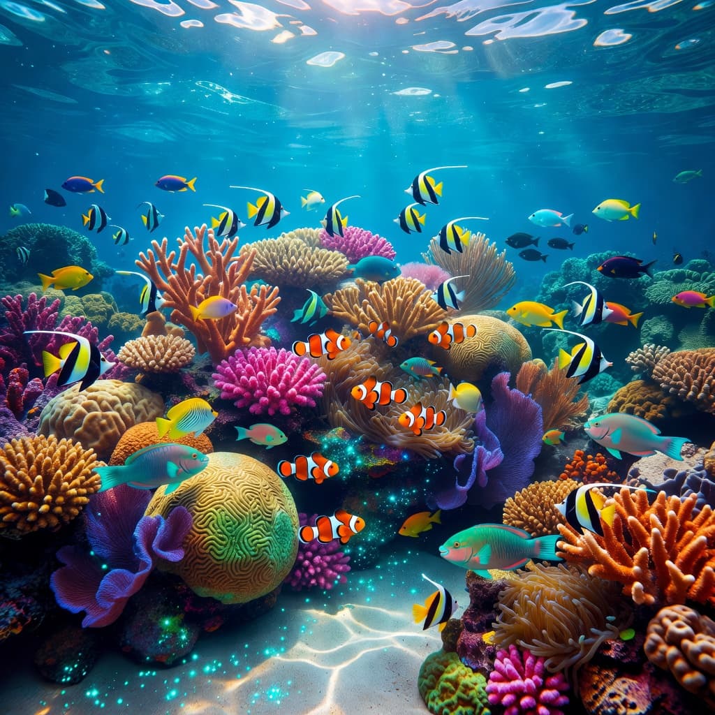 Brightly colored tropical fish swim among intricate coral formations in crystal-clear Hawaiian waters. Sunlight filters through the surface, creating vibrant sparkling patterns against the deep blue ocean backdrop throughout the scene.
