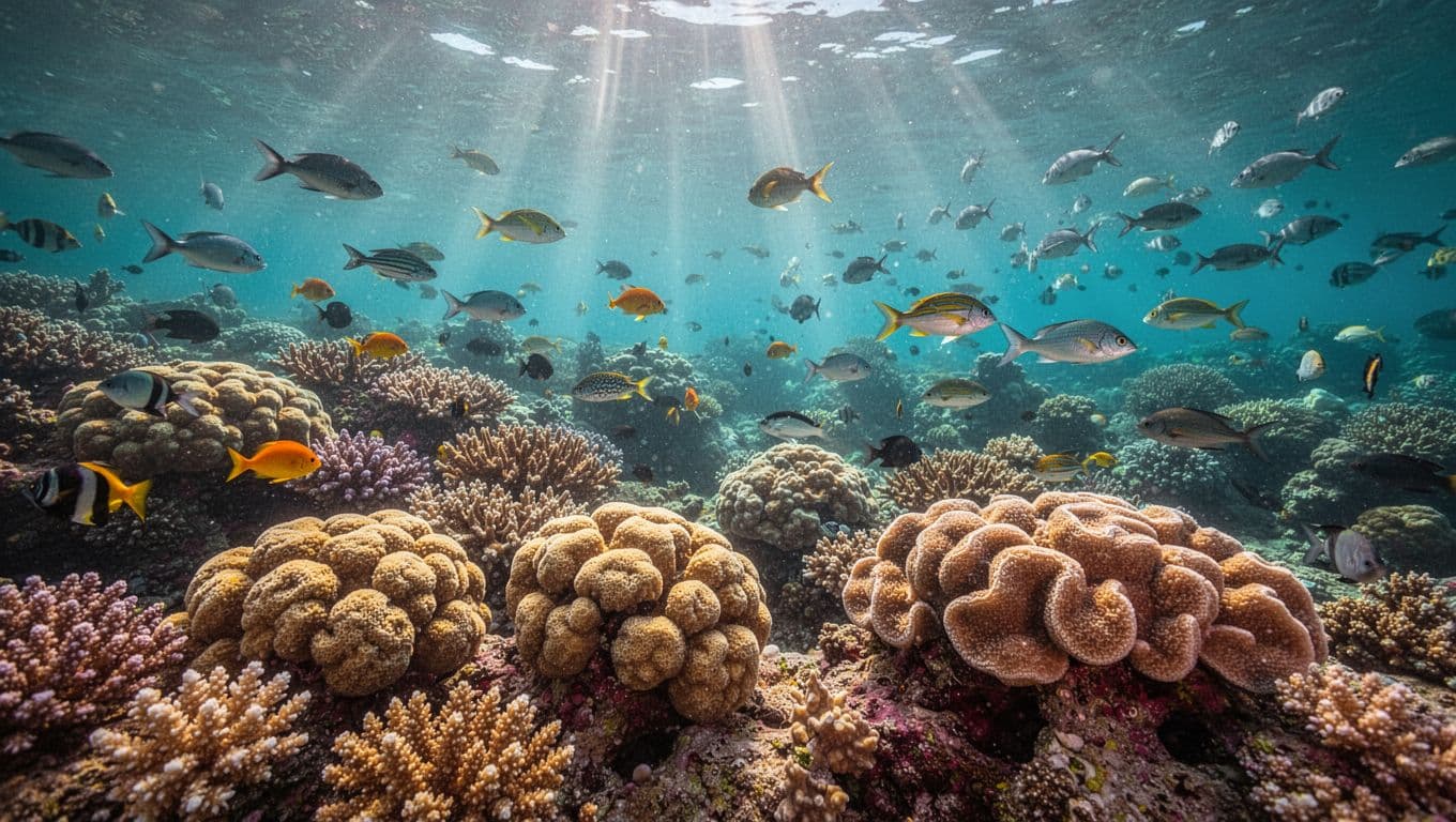 Vibrant cauliflower and lobe corals thrive on the seabed as tropical fish glide through crystal-clear blue water. Dappled sunlight filters down from the surface, creating high-contrast patterns across the reef structure.