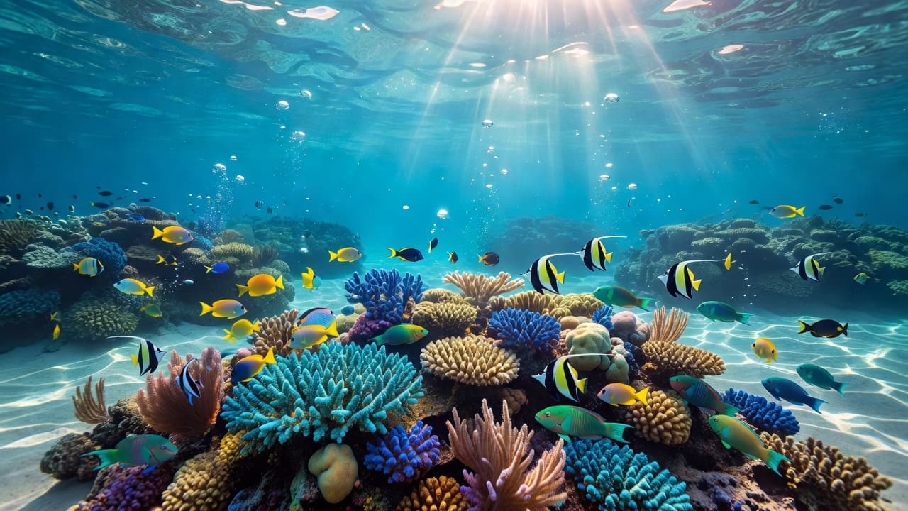 Bright sunlight filters down into clear blue ocean water above a colorful coral reef.