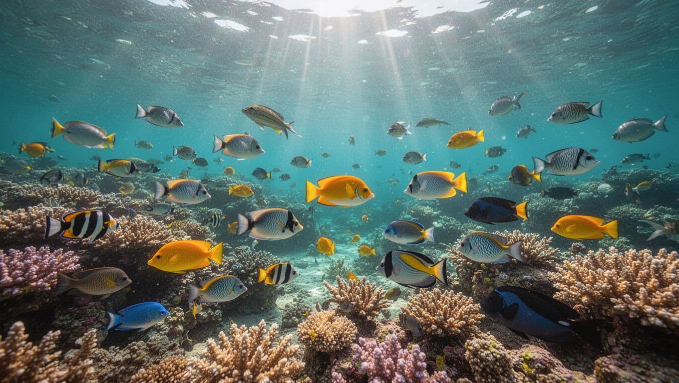 Tropical fish swim above a colorful coral reef in clear turquoise water.