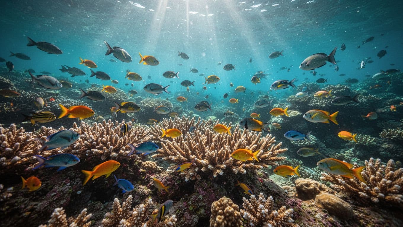 Colorful fish swim over a bright coral reef in clear Hawaiian waters.