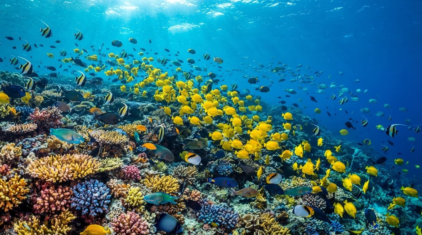 Yellow tang and tropical fish swim above a bright Hawaiian coral reef.