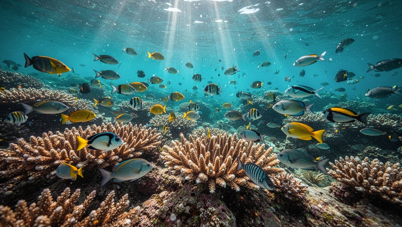 Tropical fish swim above a colorful Hawaiian coral reef in clear turquoise water.