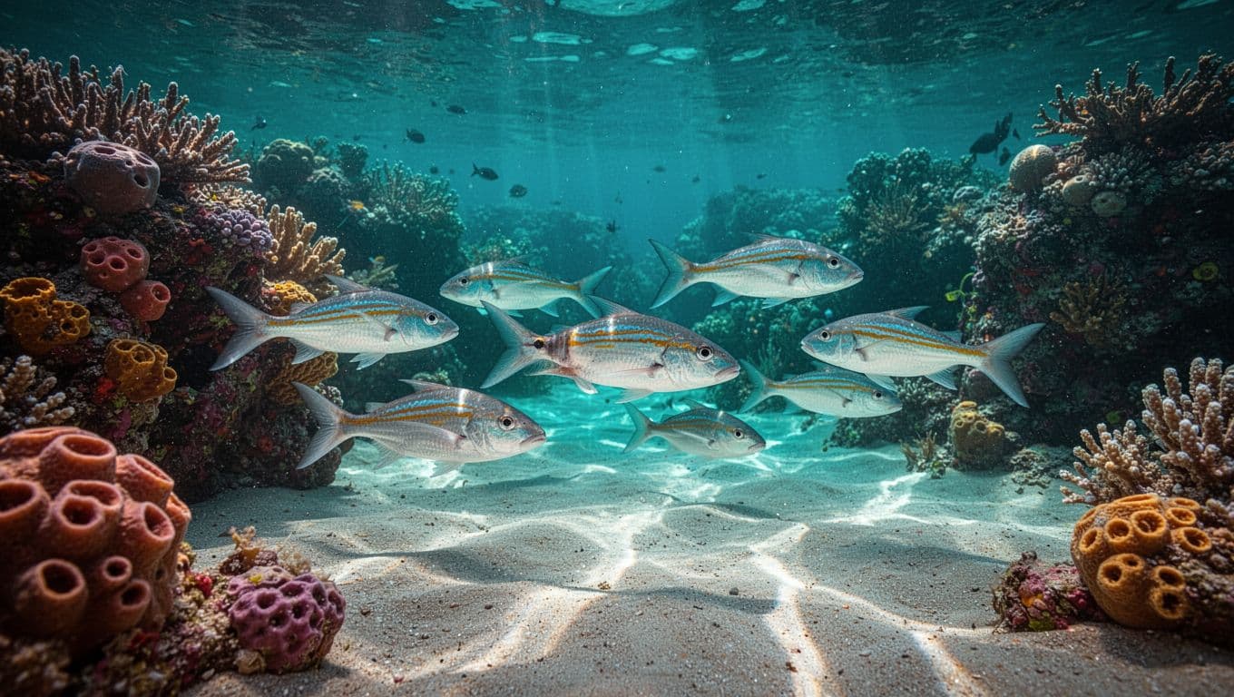 A group of goatfish swims gracefully along the sandy sea floor near a vibrant coral formation. Sunlight filters through the turquoise water, illuminating the colorful textures of the tropical reef.