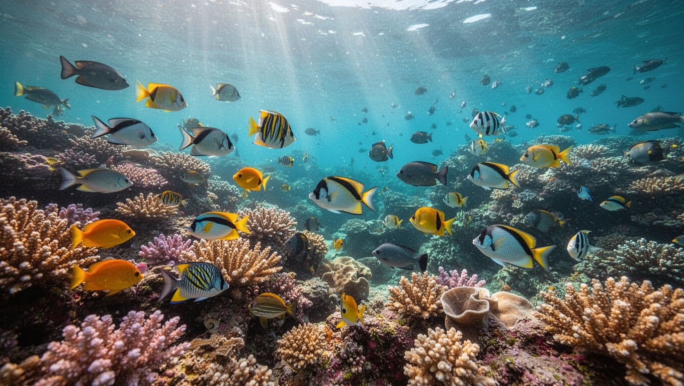 Bright tropical fish swimming over a colorful coral reef in Hawaii.