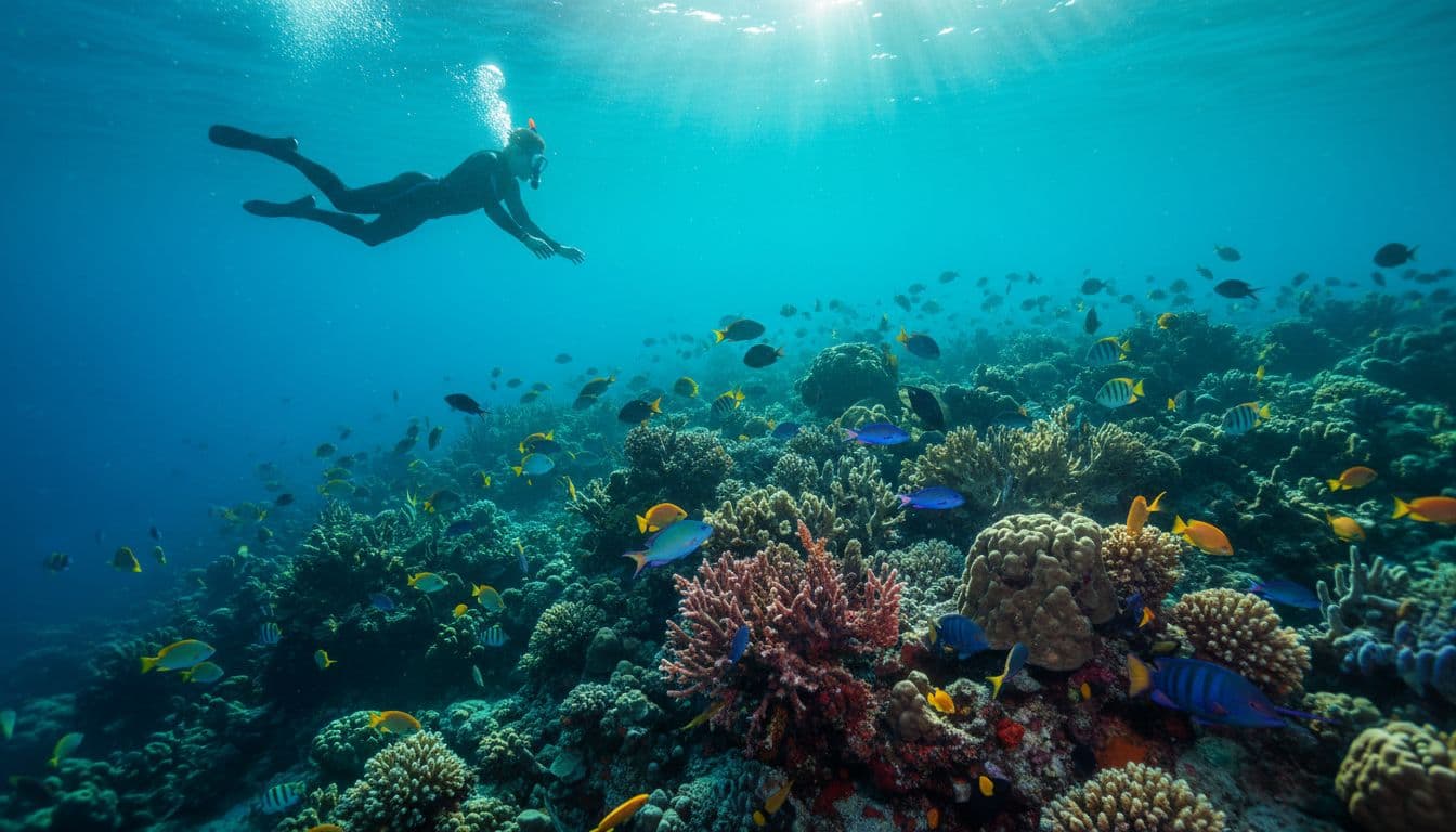 A snorkeler floats at a distance above a vibrant coral reef filled with colorful tropical fish.