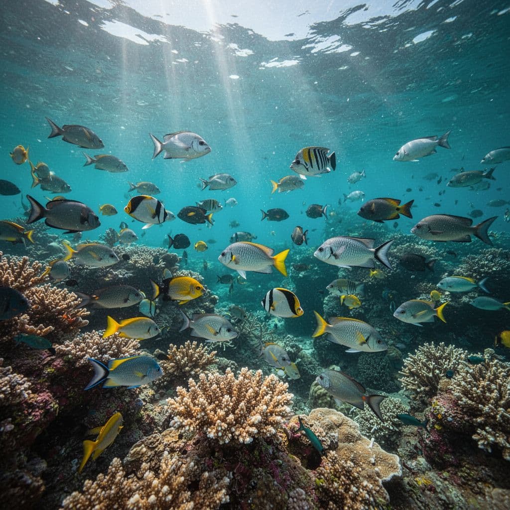 Sunlight streams through clear turquoise water, illuminating intricate coral formations and schools of tropical fish. The vibrant underwater ecosystem showcases diverse marine life thriving within this protected Pacific reef environment.