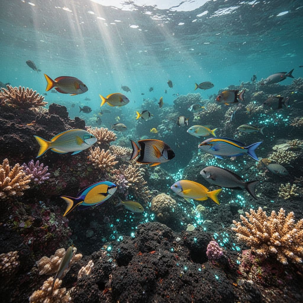 Vibrant schools of tropical fish navigate sharp volcanic rock formations beneath the surface. Bright sunbeams pierce through clear turquoise ocean water, illuminating the colorful coral structures in this coastal sanctuary.