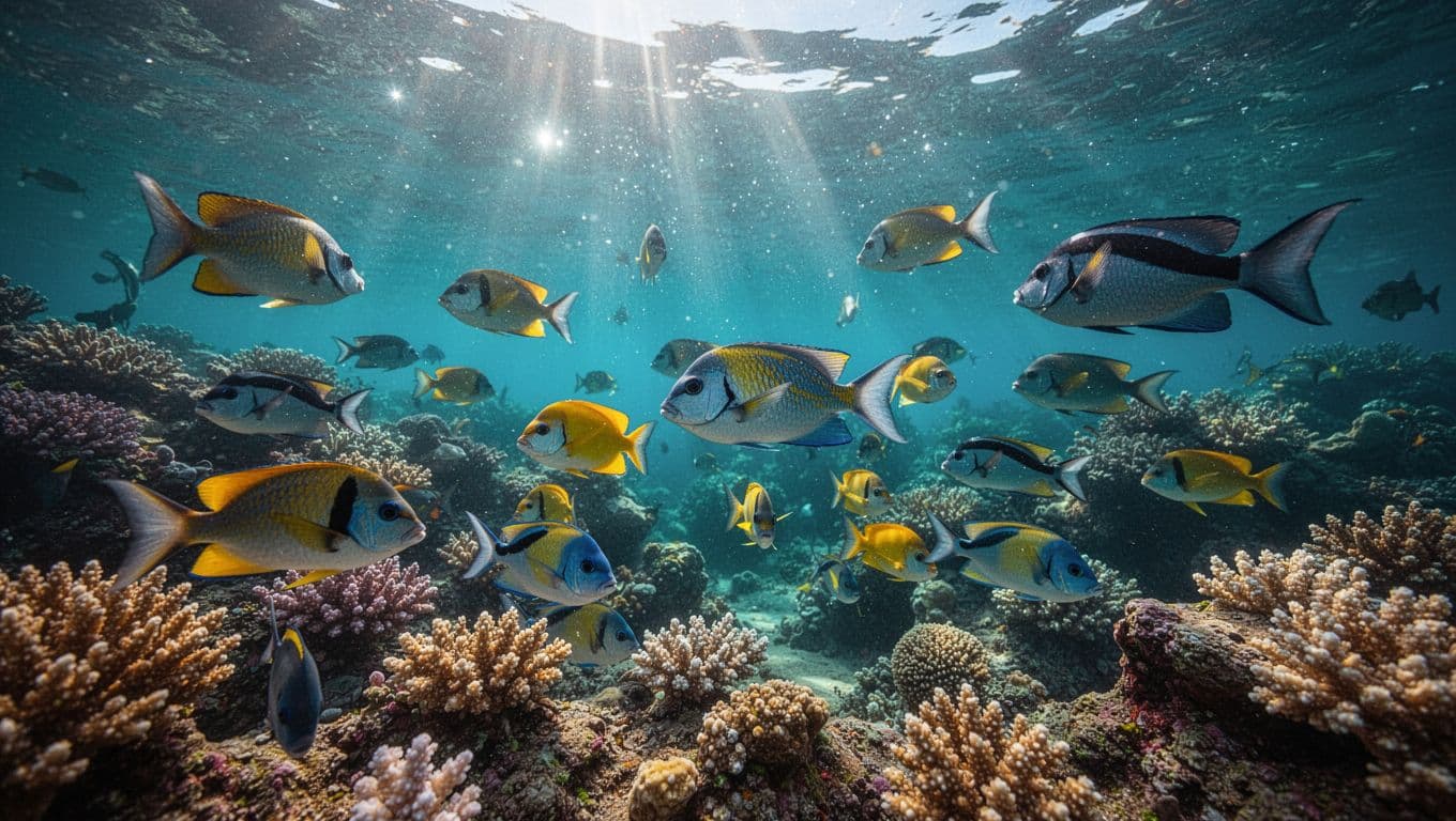 Vibrant schools of yellow and orange fish dart through intricate coral structures under the Hawaiian sun. Radiant light beams pierce the clear cyan water, illuminating the colorful reef in deep contrast.