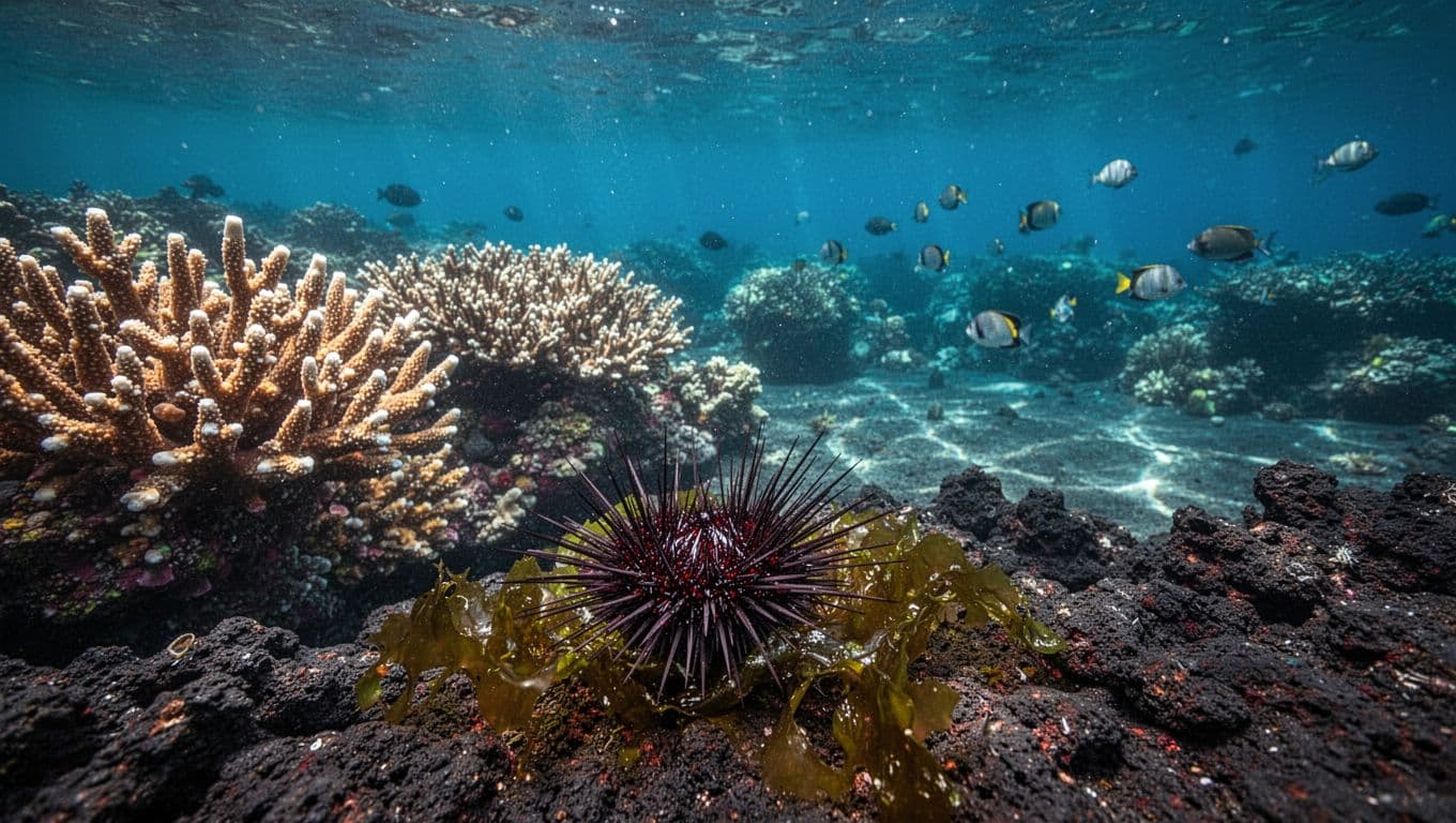 A sea urchin grazes algae on a shallow Hawaiian coral reef.
