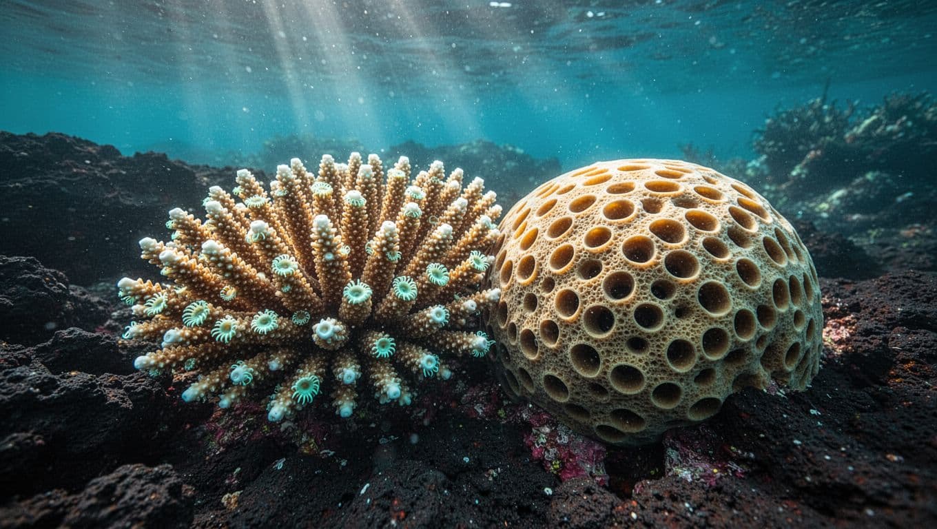 Coral polyps and a porous sponge beside dark volcanic rock in clear turquoise water.