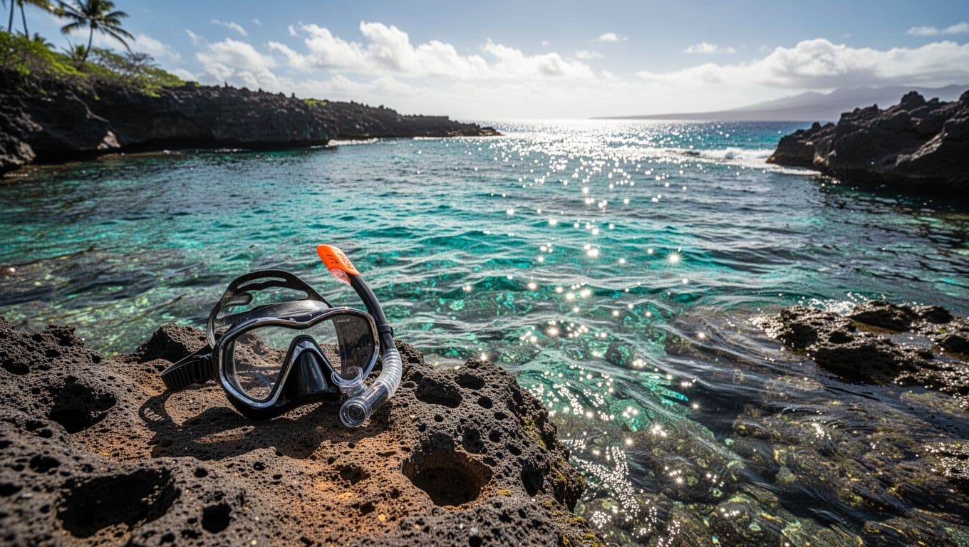 A snorkel mask rests on volcanic rock beside clear turquoise water in a Hawaiian cove.