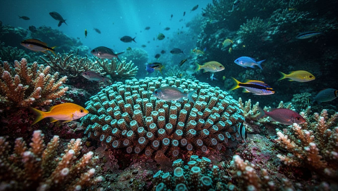 Cyan light reveals coral branches and tiny fish on a Hawaiian reef.