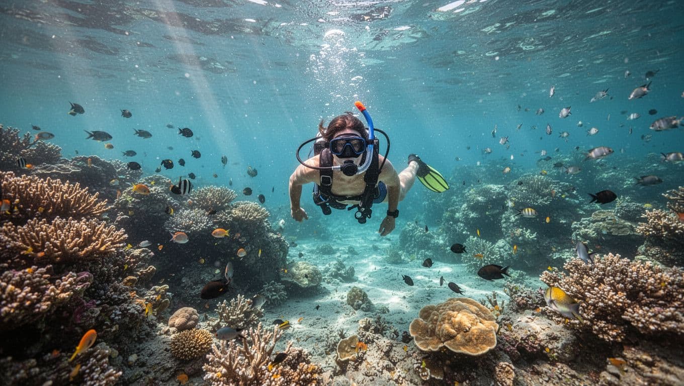 A snorkeler swims above coral while small reef fish gather in clear blue water.