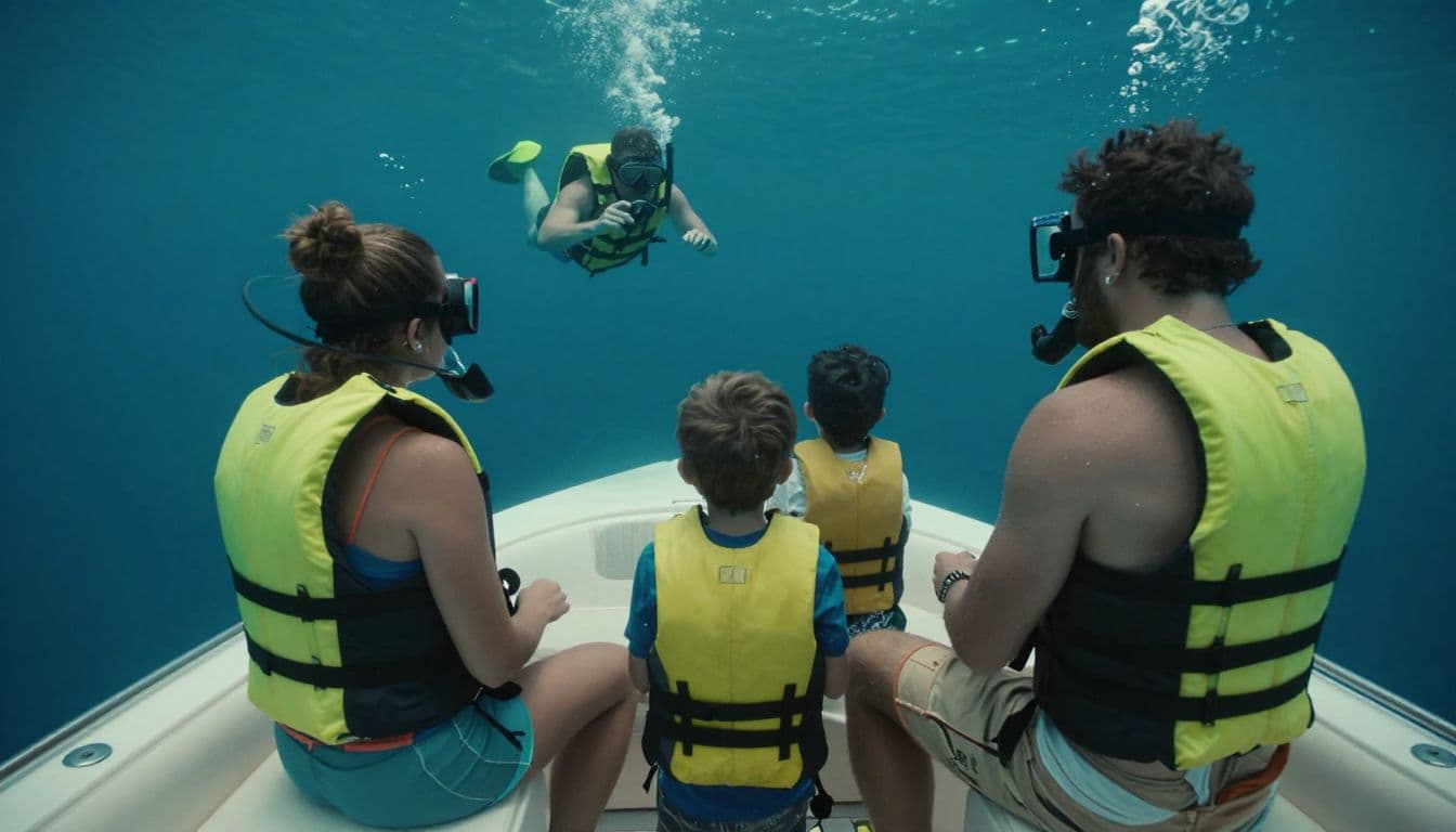 A family with young kids in life jackets on a boat in Hawaii.