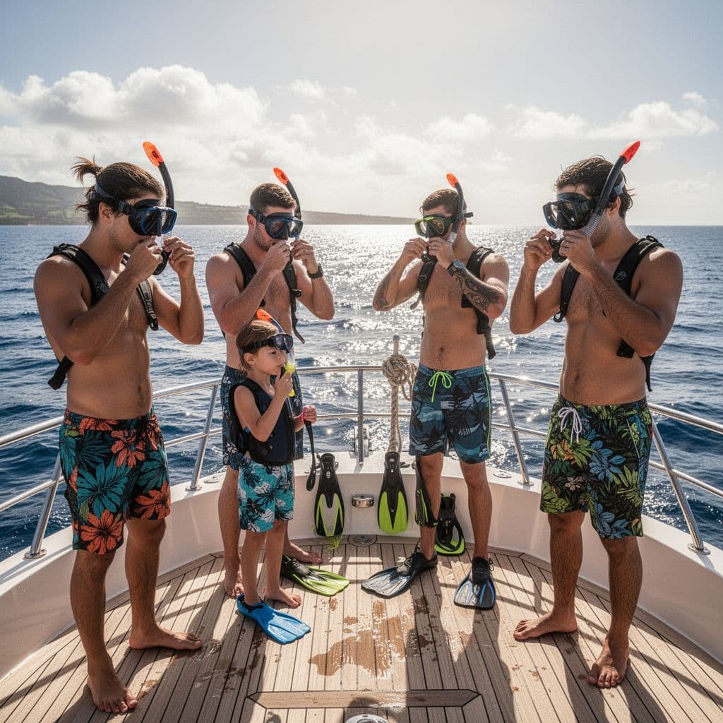 A smiling family stands on a wooden boat deck under the bright Hawaiian sun. The sparkling blue ocean stretches into the horizon, while they prepare their snorkeling gear for the trip.