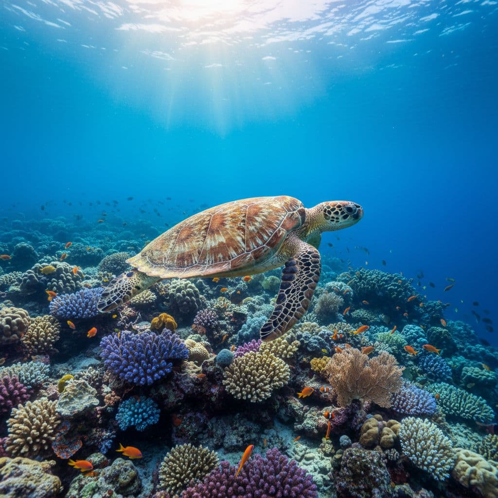 A majestic green sea turtle glides gracefully past vibrant coral formations under the ocean surface. Beams of sunlight pierce through the clear water, illuminating the reef and the turtle's patterned shell.