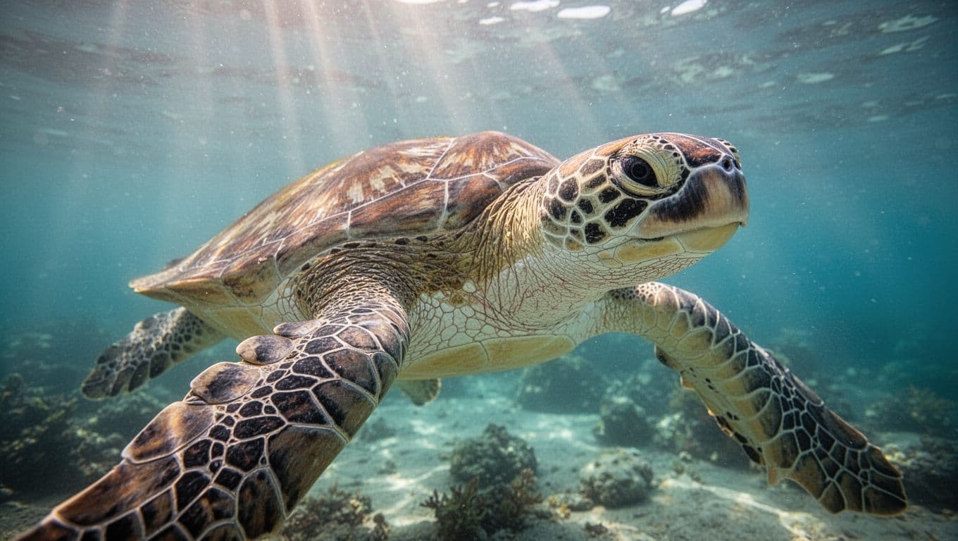A close-up view of a green sea turtle gliding through clear tropical waters. Sunlight rays pierce the surface above, highlighting the intricate patterns on the turtle shell and textured skin.