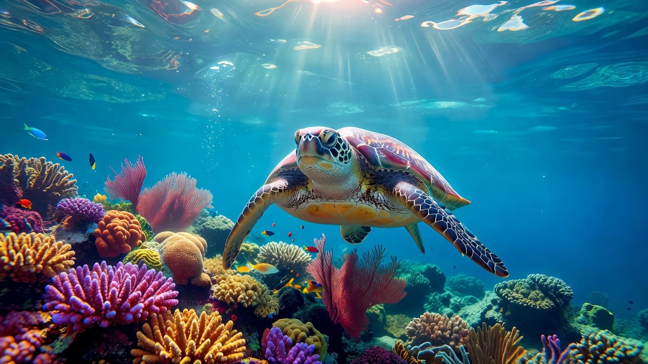 A graceful green sea turtle glides through crystal clear blue water above a colorful coral reef. The sunlight illuminates the turtle's patterned shell as it swims peacefully in its natural environment.