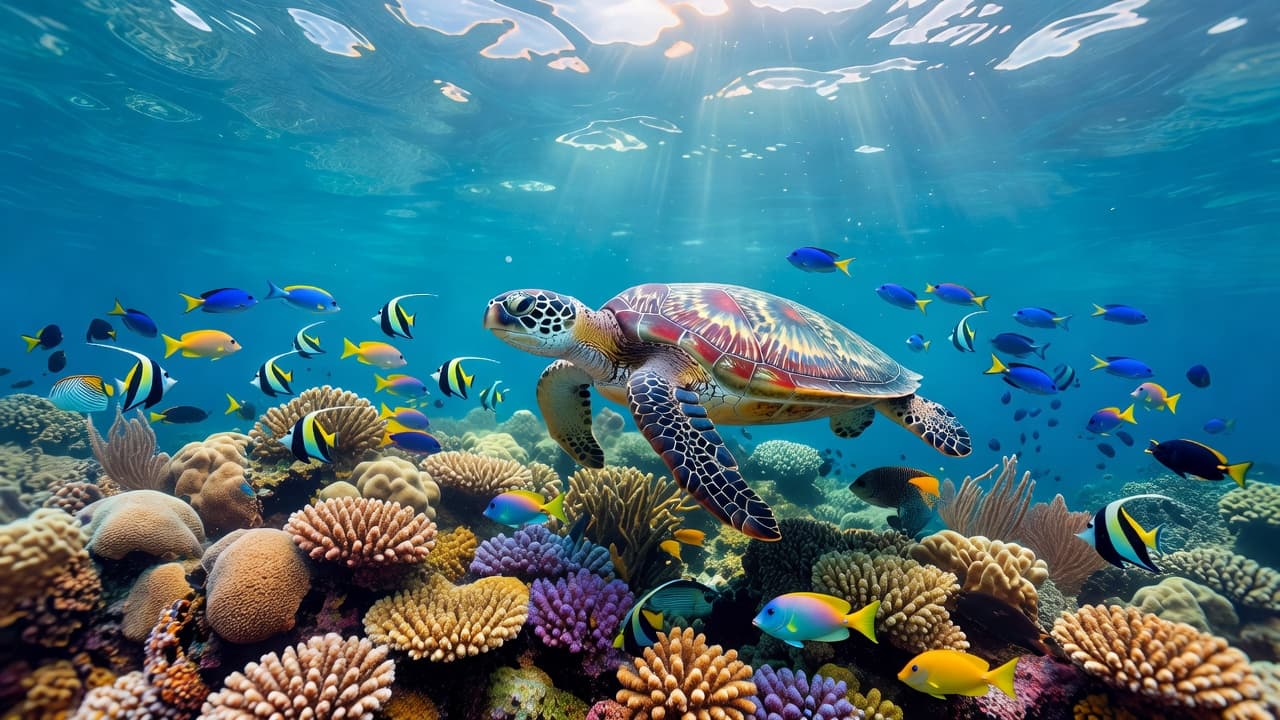 A graceful green sea turtle glides through the vibrant blue waters of Turtle Canyon. Surrounding the creature, diverse tropical fish dart between intricate coral structures as sunlight illuminates the reef below.