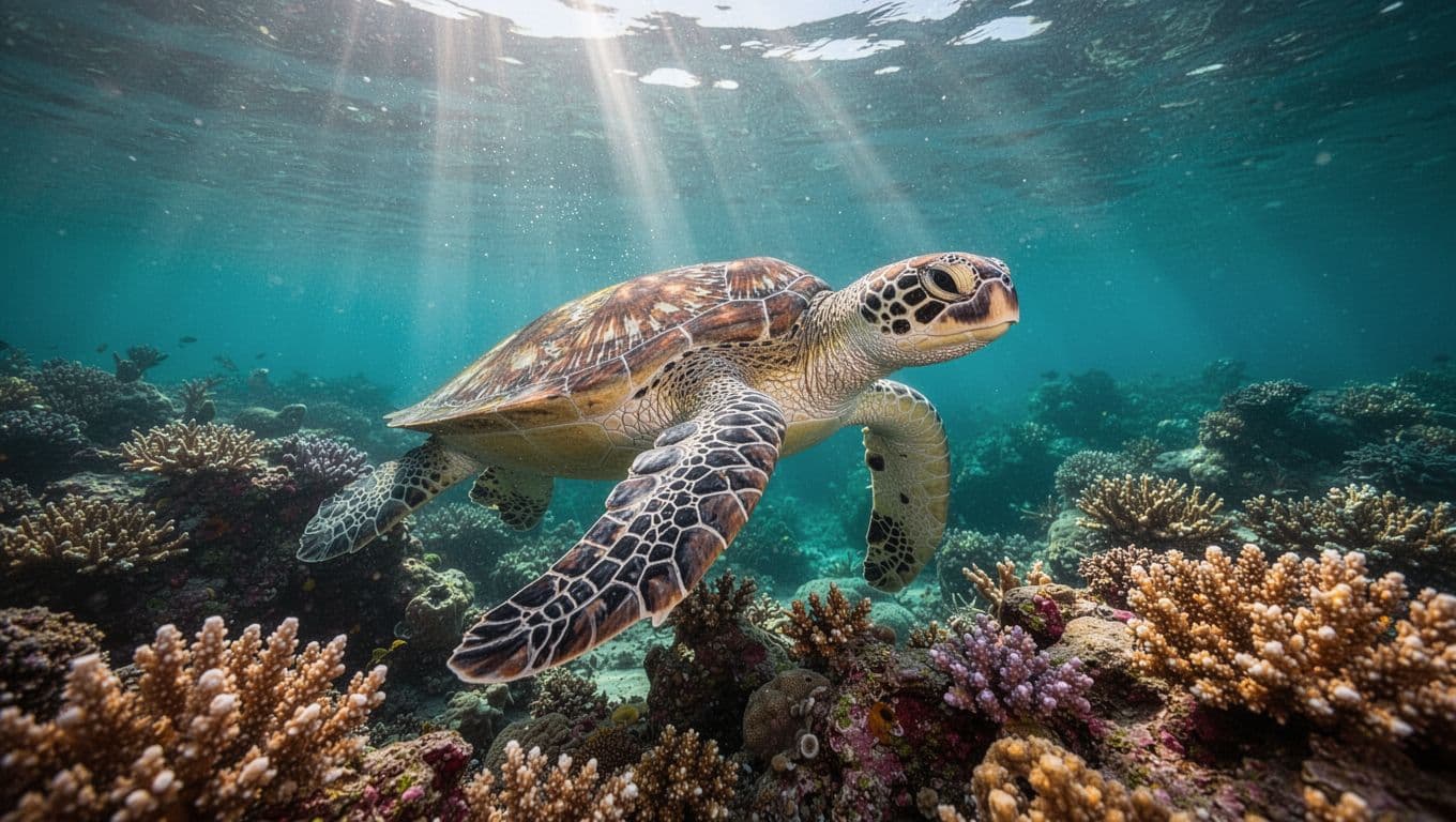A graceful green sea turtle glides through vibrant turquoise tropical waters above a sprawling coral reef. Golden sunlight pierces the ocean surface to illuminate the detailed textures of the turtle's shell.