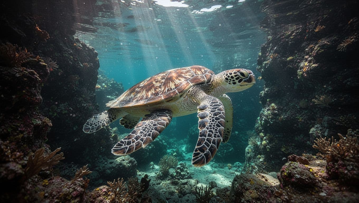 A graceful green sea turtle glides through vibrant turquoise water at Turtle Canyon. Sunlight filters from above, highlighting the intricate, detailed patterns on its weathered shell as it swims peacefully.