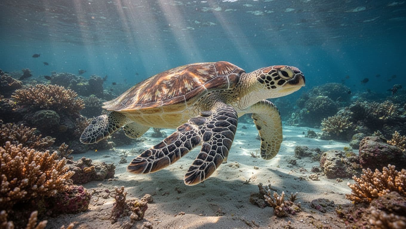 A graceful green sea turtle glides past a vibrant coral reef as golden sunbeams pierce the clear turquoise ocean water. The turtle displays a detailed shell pattern in this peaceful environment.