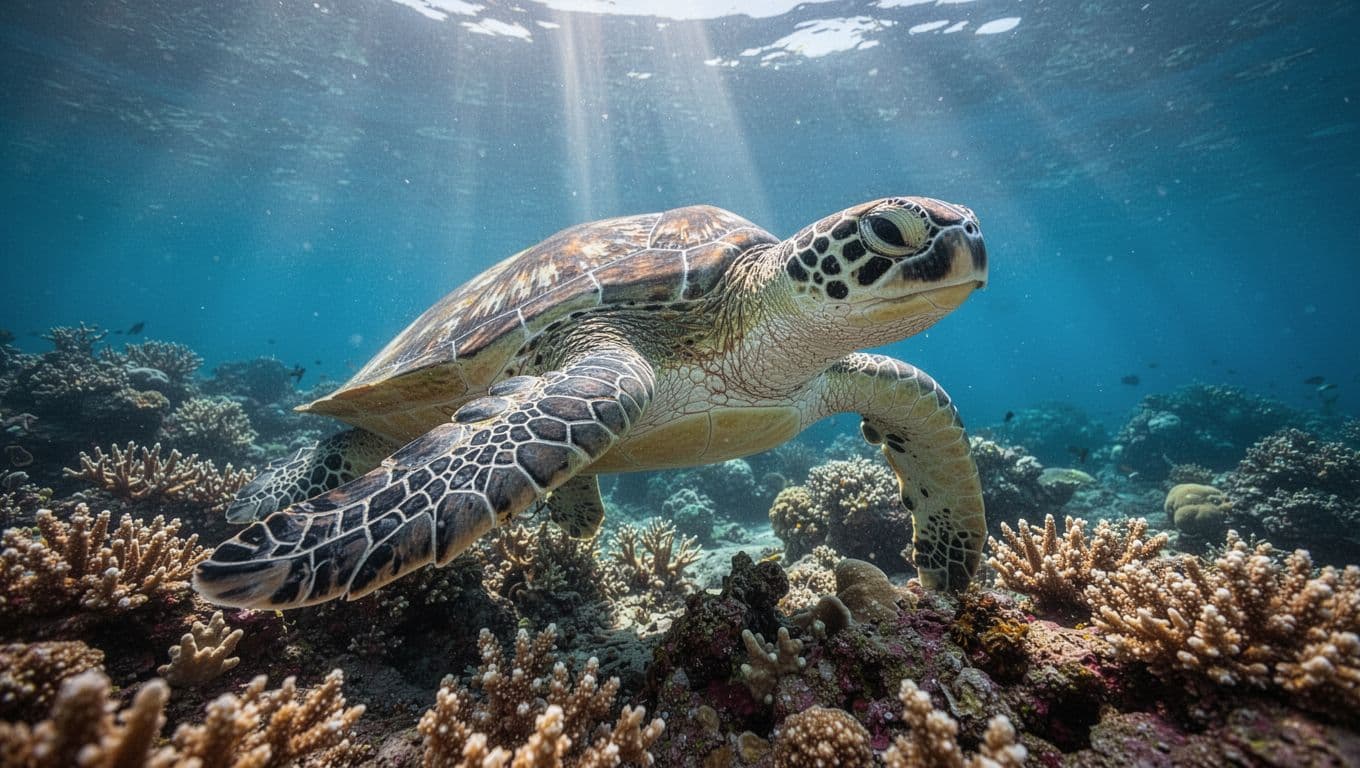 A graceful green sea turtle glides through deep blue ocean waters above a textured coral reef. Golden sun rays penetrate the surface, illuminating the creature's detailed shell and tranquil underwater environment.