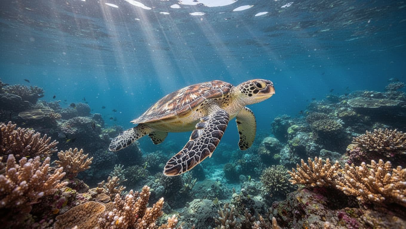 A graceful green sea turtle swims past a colorful coral reef under shimmering blue water. Sun rays pierce the surface, highlighting the turtle's patterned shell and the surrounding tropical reef life.