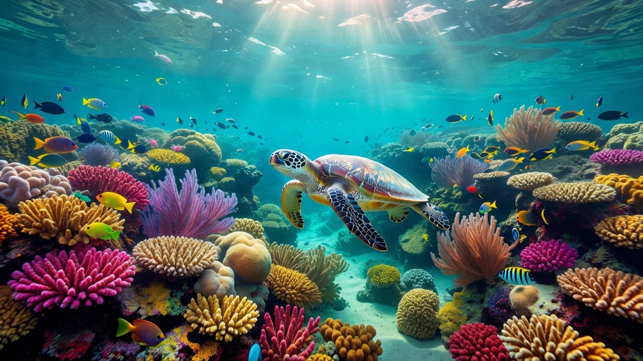 A graceful green sea turtle glides through brilliant turquoise water above a sprawling, colorful coral reef. Sunbeams pierce the surface, illuminating the turtle's textured shell and the surrounding marine life.