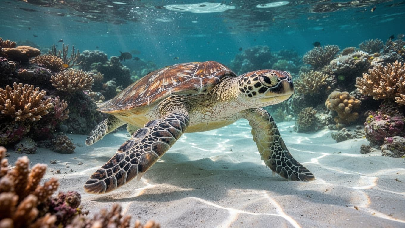 A green sea turtle glides gracefully over a bright sandy seabed near a vibrant coral reef. Dappled sunlight filters through the shallow tropical water, casting shimmering golden patterns across the seafloor.