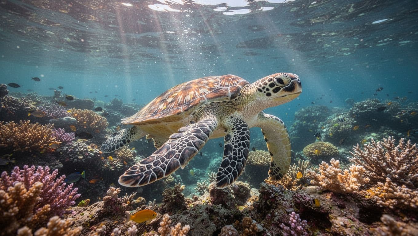 A majestic green sea turtle glides gracefully past a colorful coral reef. Beams of natural sunlight penetrate the clear Pacific water, highlighting the intricate patterns on the creature's shell and skin.