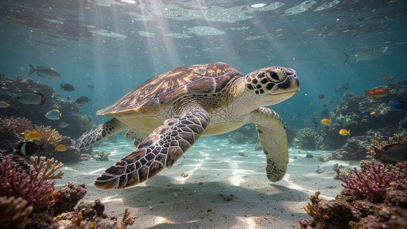A close-up view of a green sea turtle gliding through turquoise waters. Shimmering sunlight rays pierce the ocean surface, creating dancing patterns of light and deep shadows across the turtle's shell.